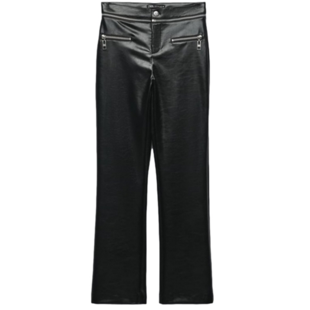 NWT ZARA Black high waist wide straight leg faux leather moto pants